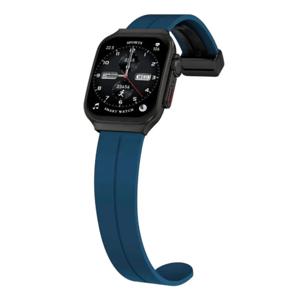 Smartwatch OV88 Azul con caja negra, pantalla táctil rectangular y correa de silicona azul; botón lateral, esfera deportiva y bordes redondeados