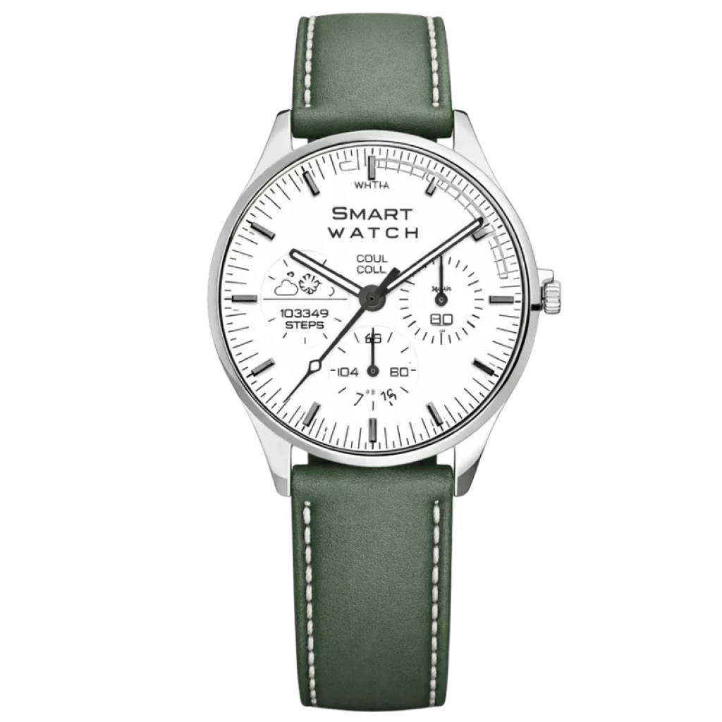 TN99 Smartwatch Argent avec bracelet en cuir vert Surveillance de la fréquence cardiaque