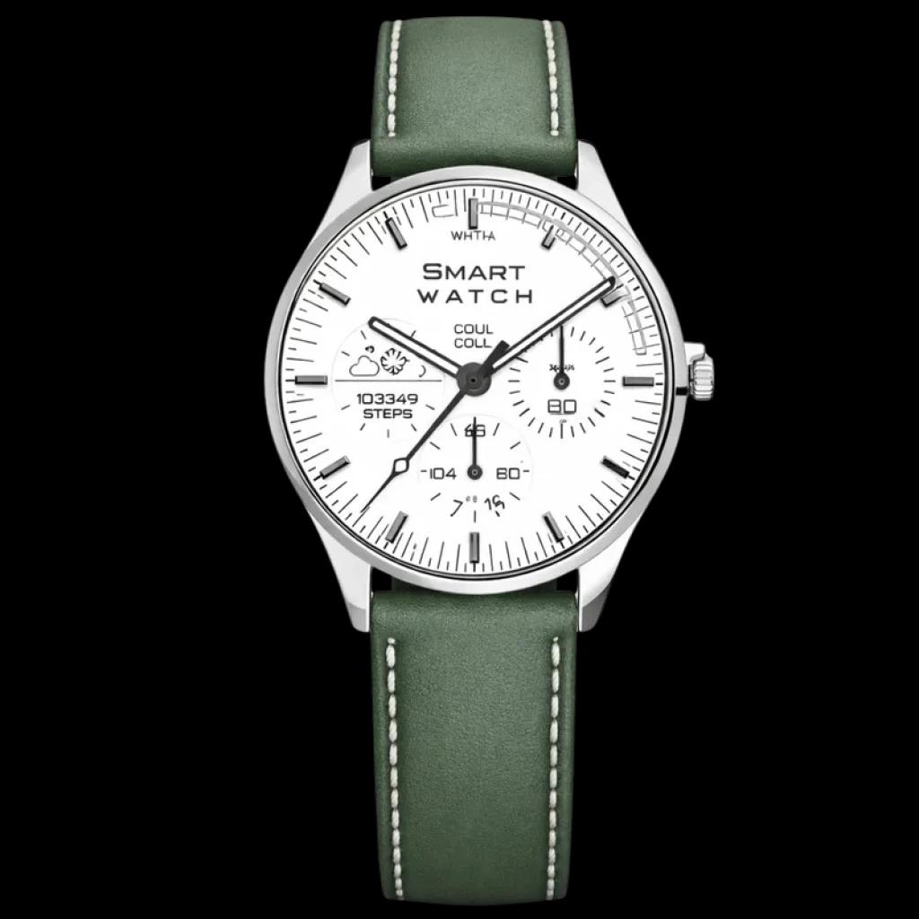 TN99 Smartwatch Argent avec bracelet en cuir vert Surveillance de la fréquence cardiaque