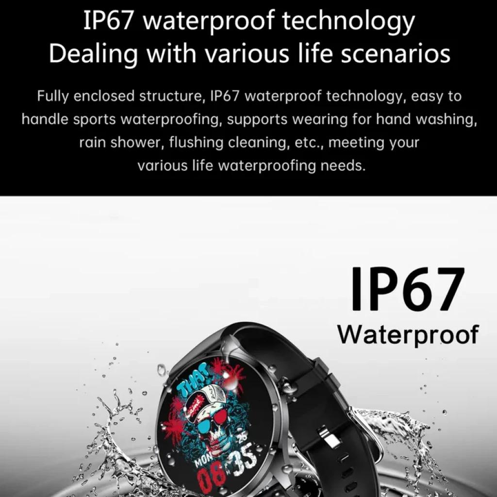 TN99 Smartwatch argent avec bracelet cuir vert, écran rond, cadran coloré, étanche IP67, idéal pour sport et usage quotidien, suivi fréquence cardiaque