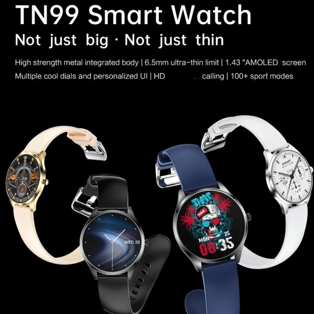 TN99 Smartwatch argent, boîtier métal fin 6,5 mm, écran AMOLED 1,43", cadrans variés, bracelets cuir vert et silicone, suivi cardiaque, 100+ modes sport