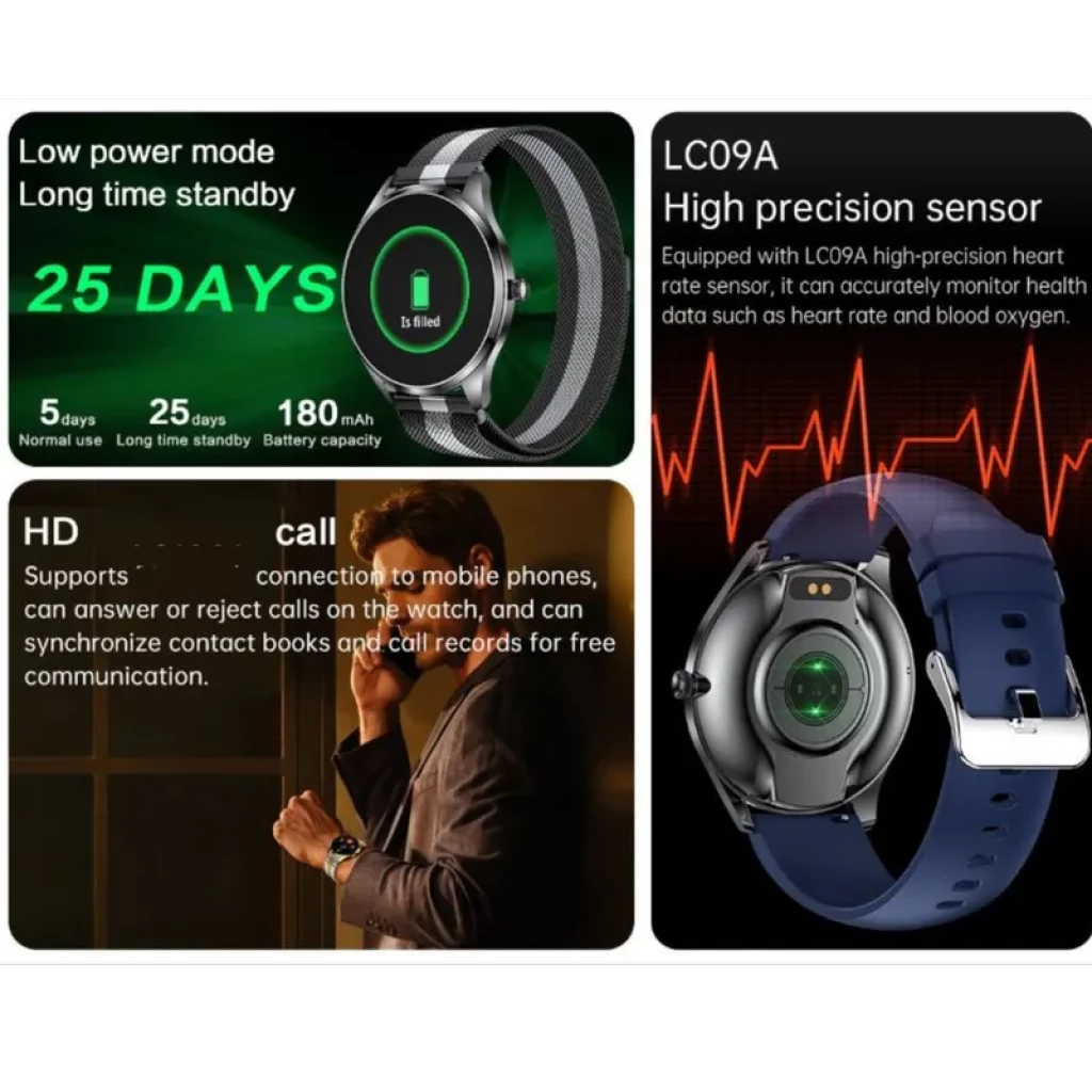 TN99 Smartwatch argent avec boîtier rond et capteur cardiaque vert visible, écran HD, bracelet en cuir vert, autonomie longue durée jusqu’à 25 jours