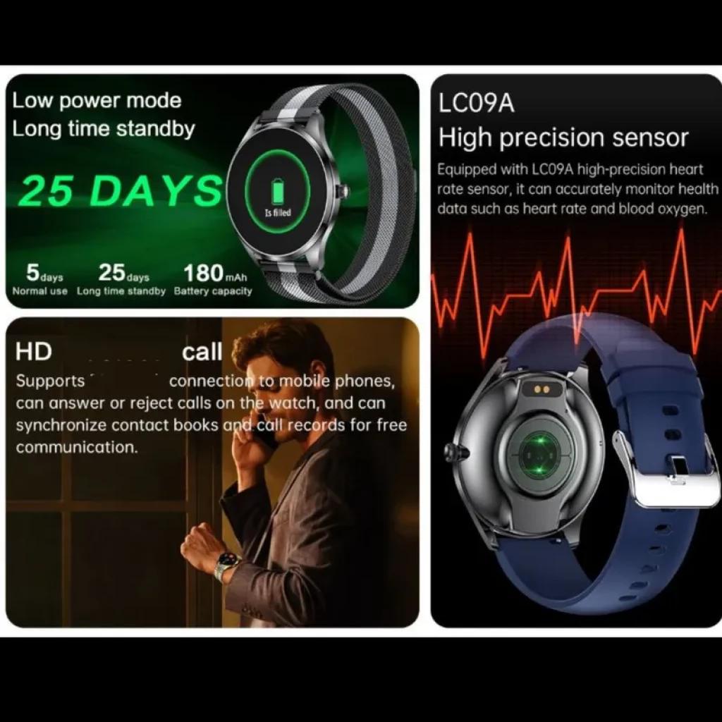 TN99 Smartwatch argent avec boîtier rond et capteur cardiaque vert visible, écran HD, bracelet en cuir vert, autonomie longue durée jusqu’à 25 jours