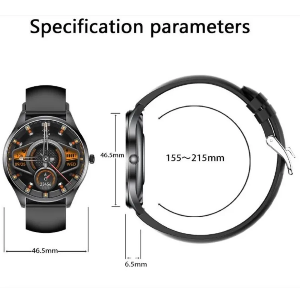 TN99 Smartwatch argent avec boîtier rond, écran noir à cadrans orange, bracelet en cuir vert, boutons latéraux et boucle métallique, dimensions 46.5 x