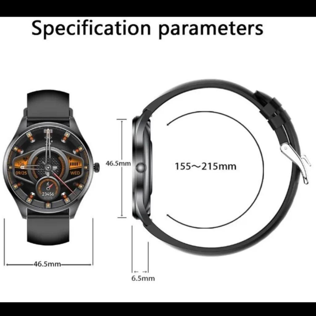 TN99 Smartwatch argent avec boîtier rond, écran noir à cadrans orange, bracelet en cuir vert, boutons latéraux et boucle métallique, dimensions 46.5 x