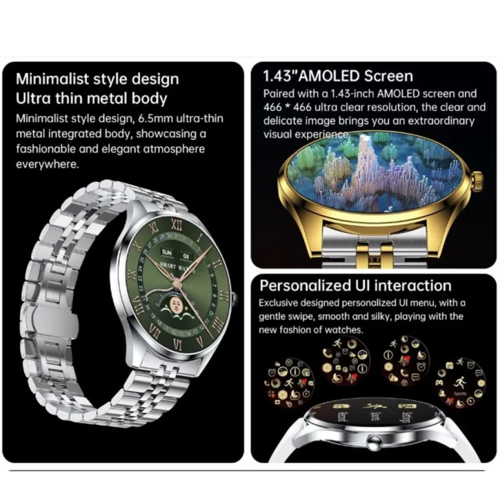 TN99 Smartwatch Argent avec écran AMOLED 1,43 pouces, boîtier métal ultrafin argent, cadran vert, bracelet en cuir vert, couronne latérale et interface