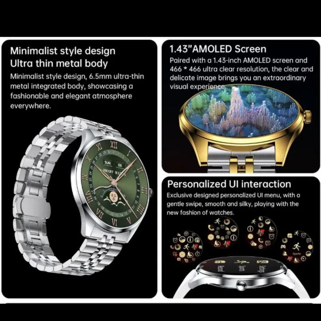 TN99 Smartwatch Argent avec écran AMOLED 1,43 pouces, boîtier métal ultrafin argent, cadran vert, bracelet en cuir vert, couronne latérale et interface