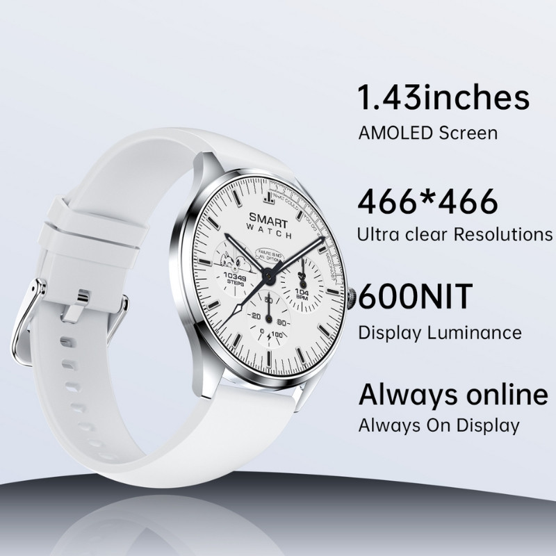 TN99 Smartwatch com pulseira milanesa preta, ecrã AMOLED 1,43 pol, resolução 466x466, 600 nits, mostrador Always On elegante e corpo metálico prateado