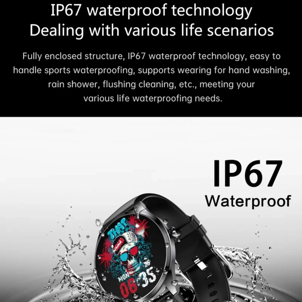 TN99 Smartwatch étanche IP67, écran rond couleur, cadran pirate, affichage date et heure, bracelet milanais rouge et bleu, appels BT intégrés