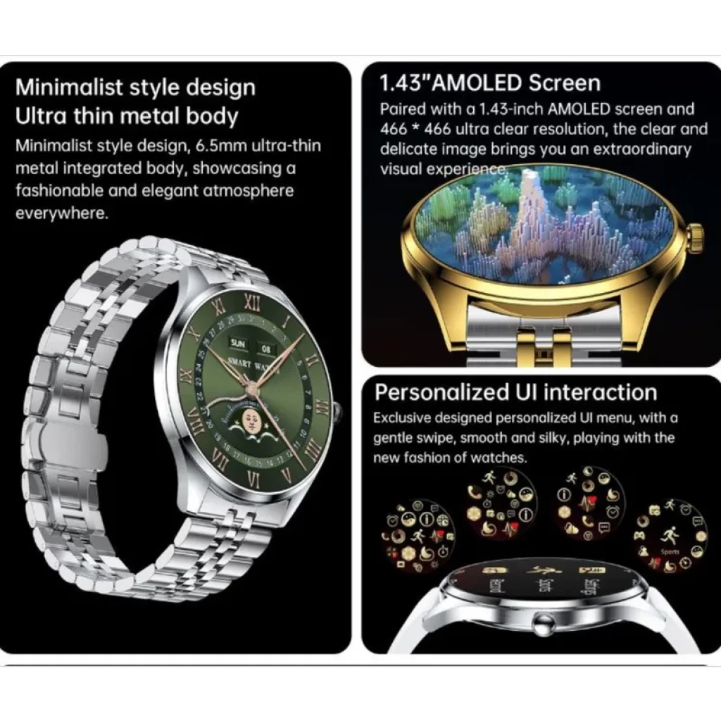 TN99 Smartwatch avec bracelet milanais rouge et bleu, écran AMOLED 1,43 pouces, boîtier métal ultra fin, cadran personnalisable et appels Bluetooth