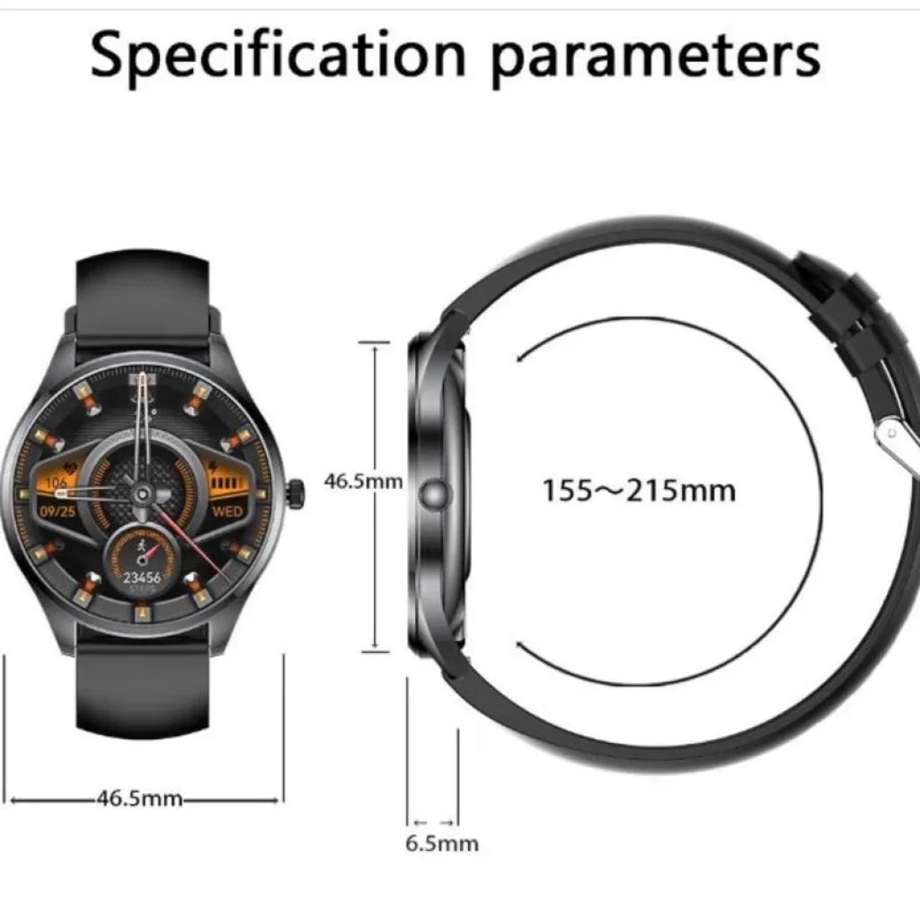 TN99 Smartwatch avec boîtier noir, écran rond affichage multi-cadrans, boutons latéraux, bracelet milanais rouge et bleu, dimensions 46.5 mm, appels BT