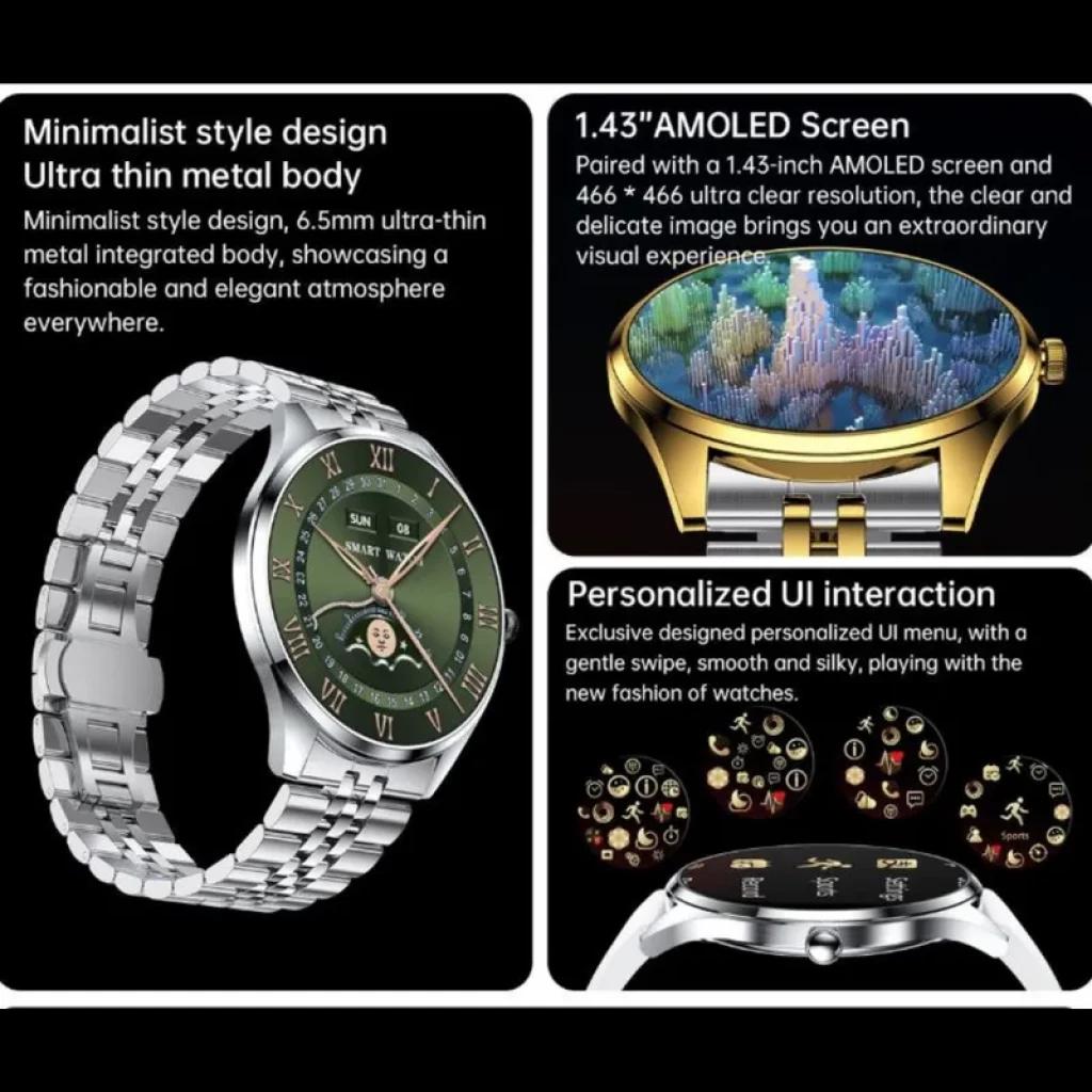 TN99 Smartwatch con Correa Milanesa Plata/ Negro, cuerpo metálico ultradelgado, pantalla AMOLED 1.43 pulgadas, carátulas personalizables y acabado elegante