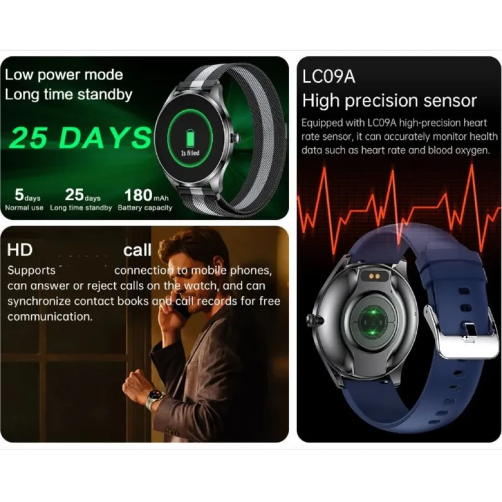 TN99 Smartwatch con correa milanesa plata/negro, pantalla HD redonda, sensor de ritmo cardíaco LC09A, batería hasta 25 días y llamadas Bluetooth