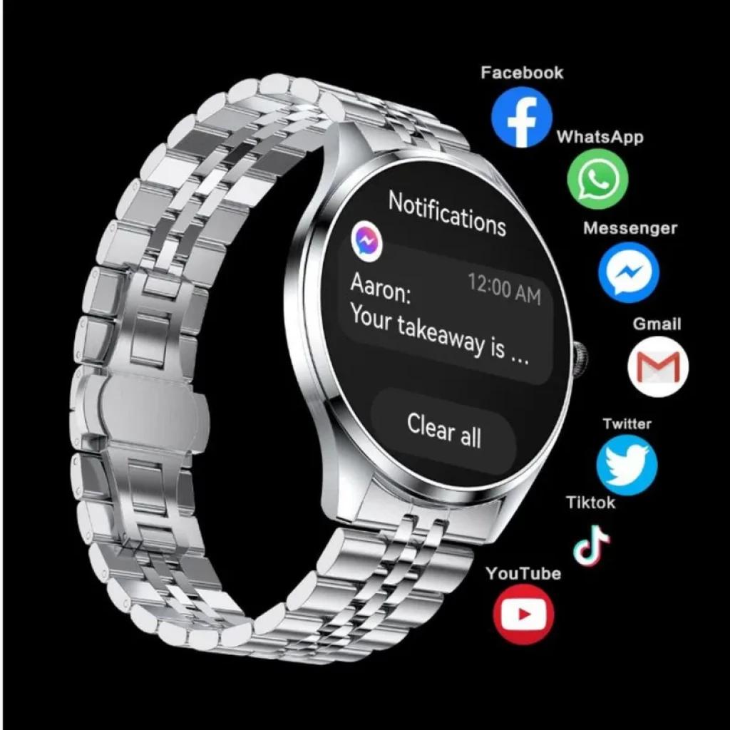 TN99 Smartwatch con correa milanesa plata y negra, pantalla circular, notificaciones de apps, diseño metálico pulido y bisel delgado elegante
