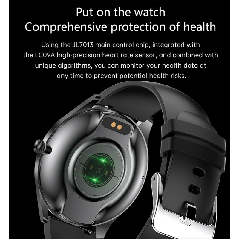 TN99 Smartwatch avec bracelet silicone noir, boîtier rond métal, capteur cardiaque vert au dos, boucle argentée, suivi santé et appels Bluetooth