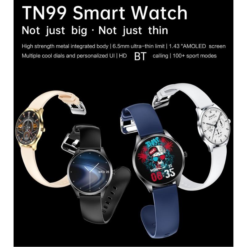 TN99 Smartwatch avec bracelet métallique doré, écran AMOLED 1,43 pouces, cadrans variés, appels Bluetooth, étanche IP67, style fin et moderne