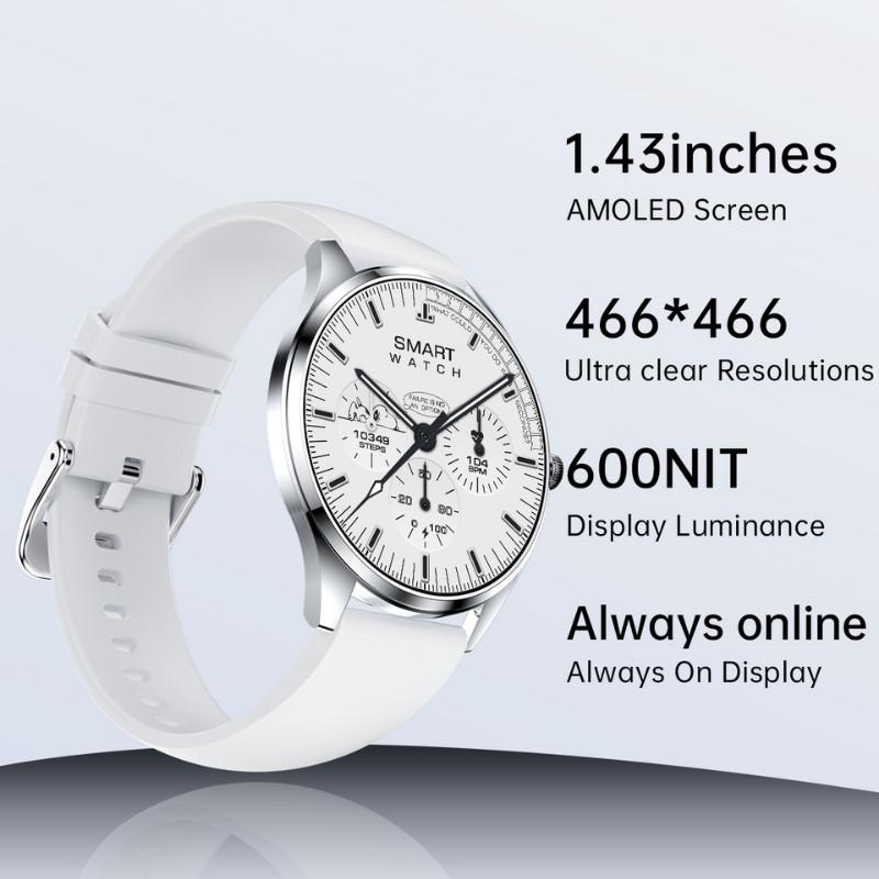 TN99 Smartwatch avec écran AMOLED 1,43 pouces, cadran blanc type chronographe, boîtier argenté, bracelet métallique doré, affichage always-on IP67