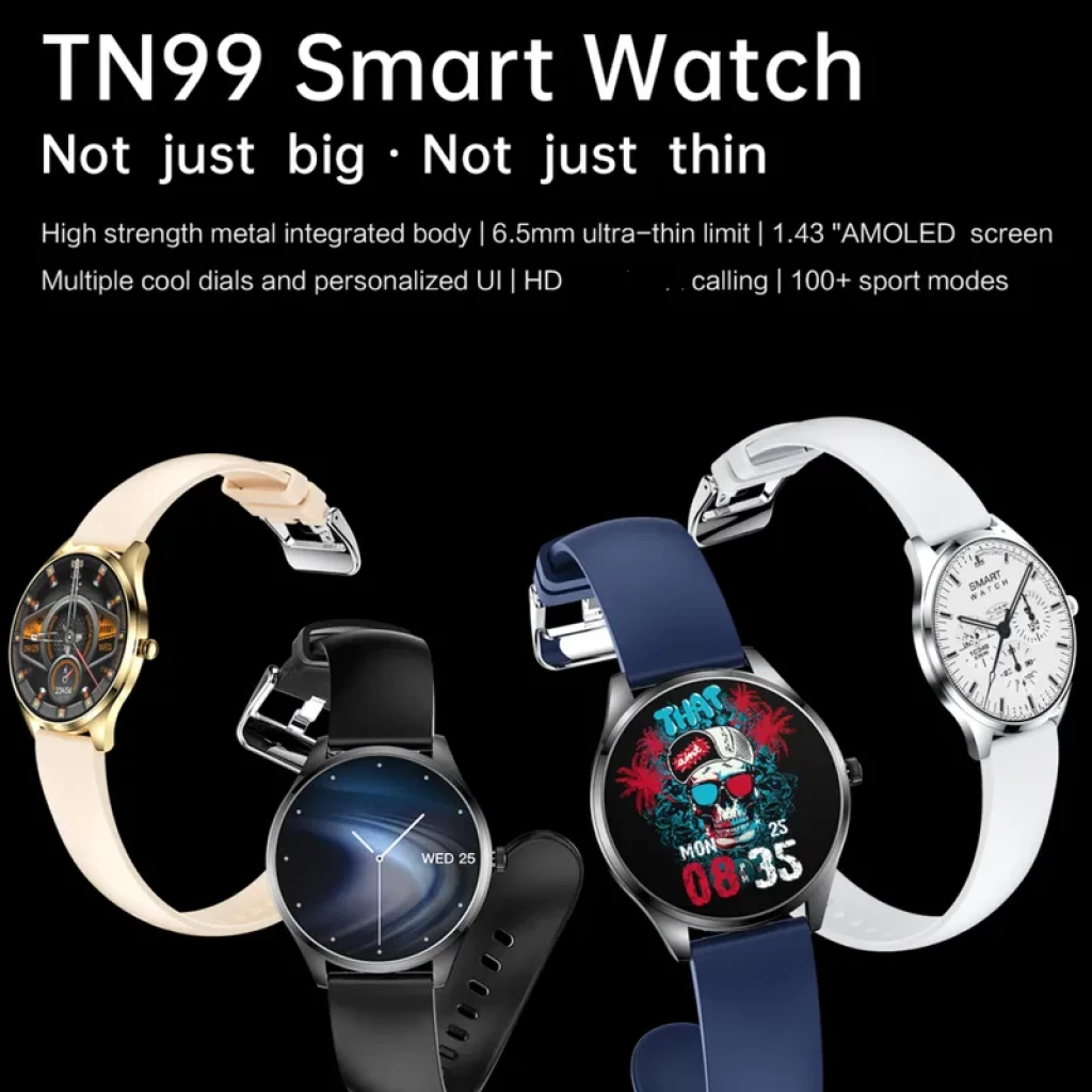 TN99 Smartwatch com bracelete metálica prateada, caixa fina, tela AMOLED 1,43 pol, mostradores variados, botões laterais e design elegante IP67