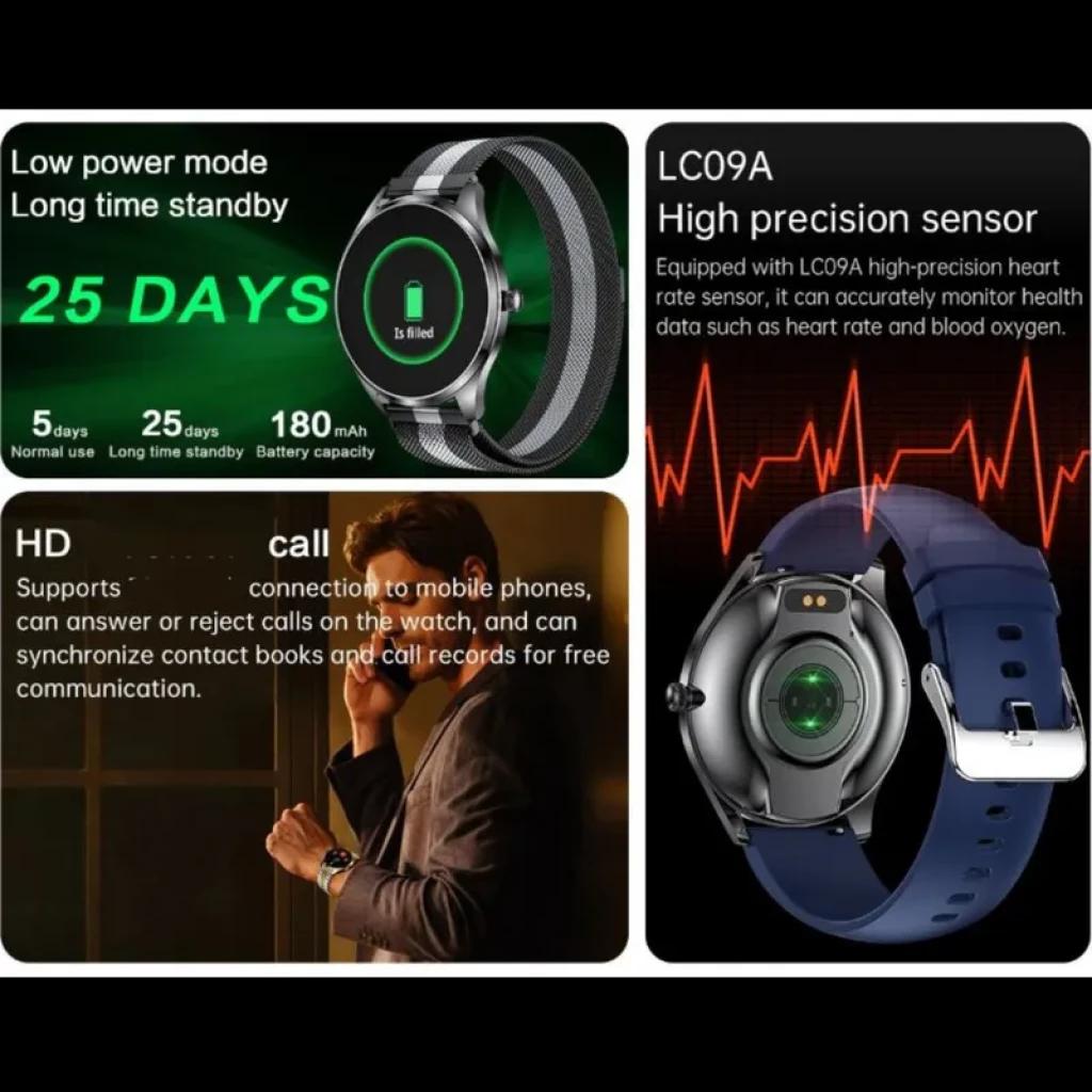 TN99 Smartwatch prateado com bracelete metálica, tela HD, moldura circular, sensor cardíaco traseiro verde, IP67 e chamadas Bluetooth