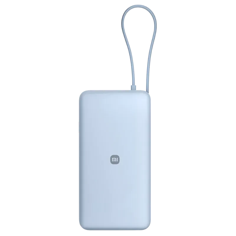 Vista trasera del power bank Xiaomi en color azul con logotipo de la marca y cable USB-C integrado