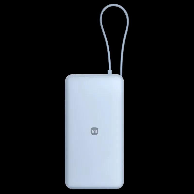 Vista trasera del power bank Xiaomi en color azul con logotipo de la marca y cable USB-C integrado