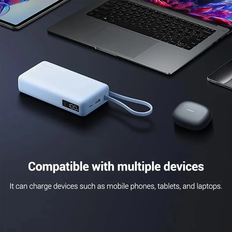 Power bank azul hielo 20000 mAh, 67W, con cable integrado, pantalla LED de estado, puertos USB y correa de silicona; compacto y compatible con varios