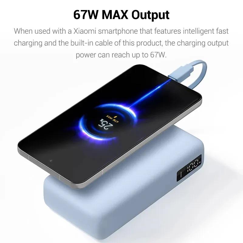 Power bank Xiaomi 67W 20000 mAh azul hielo con cable integrado; carga rápida, pantalla LED de nivel y diseño compacto con bordes redondeados