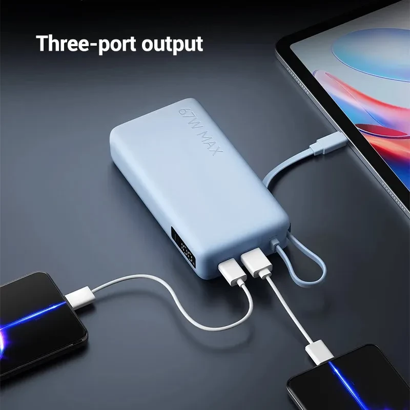 Power bank Xiaomi 67W 20000 mAh azul hielo con cable integrado, acabado mate, tres puertos de salida y diseño compacto para carga múltiple rápida
