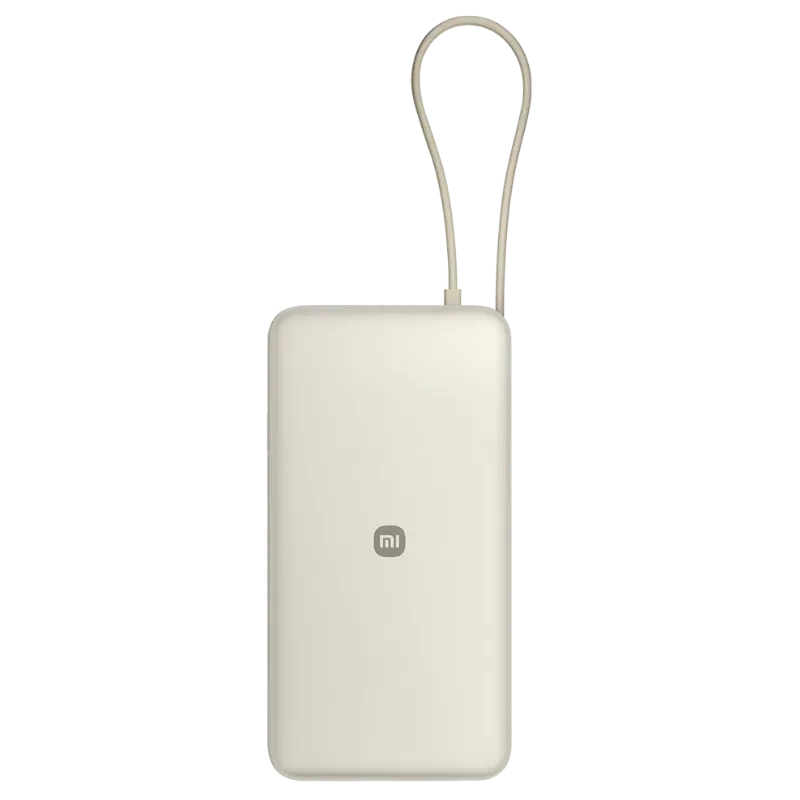 Vista traseira do power bank Xiaomi na cor bege com logótipo da marca e cabo USB-C integrado