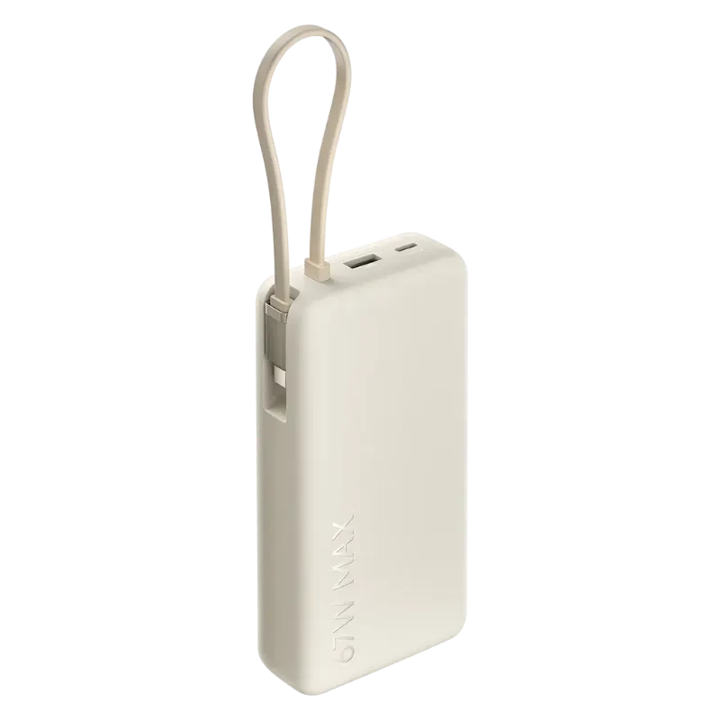 Vista a 45 graus do power bank Xiaomi na cor bege com logotipo com o nome e cabo USB-C integrado