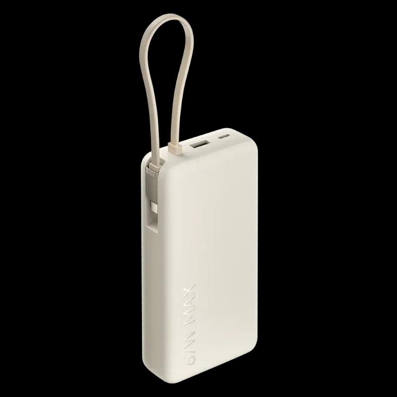 Vista a 45 graus do power bank Xiaomi na cor bege com logotipo com o nome e cabo USB-C integrado