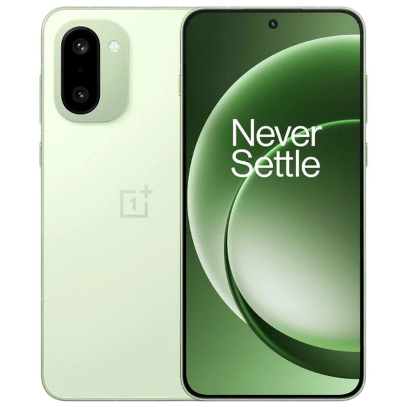 Oneplus 15R 5G 12GB/256GB Verde con pantalla sin bordes y cámara frontal en agujero centrado; módulo trasero dual con flash en tapa verde mate elegante