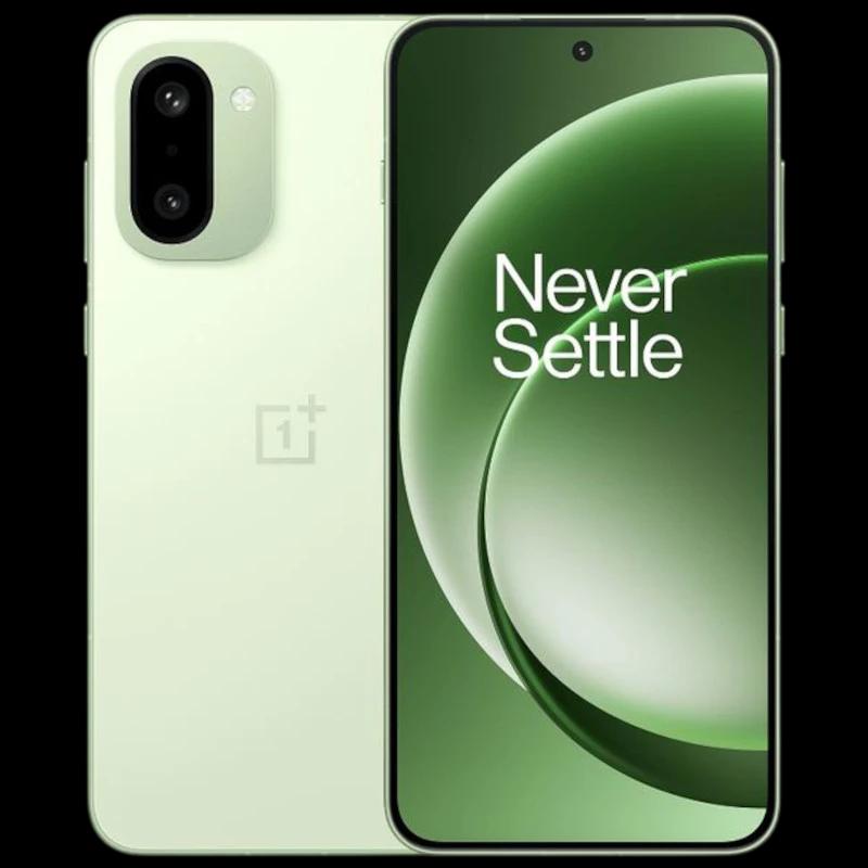 Oneplus 15R 5G 12GB/256GB Verde con pantalla sin bordes y cámara frontal en agujero centrado; módulo trasero dual con flash en tapa verde mate elegante