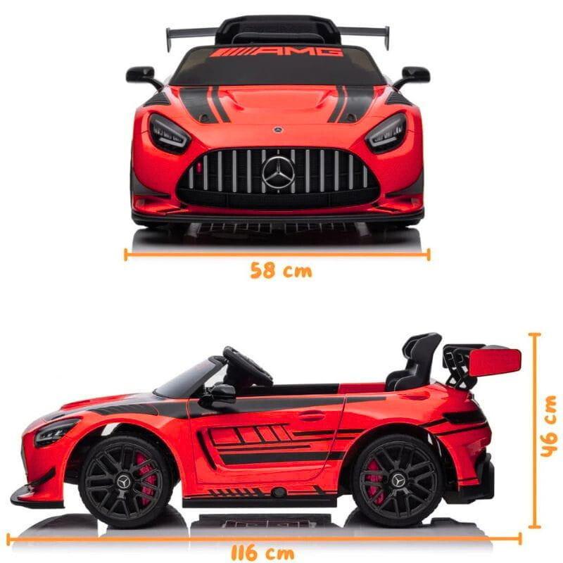 Mercedes AMG GT3 Rojo para niños, coche eléctrico con carrocería brillante, parrilla AMG, alerón grande, detalles negros, llantas deportivas y medidas