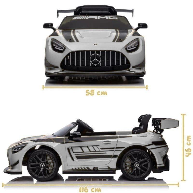 Mercedes AMG GT3 Gris para niños, coche eléctrico con alerón AMG, parrilla Panamericana, luces LED, llantas deportivas, detalles racing, 116x58x46 cm