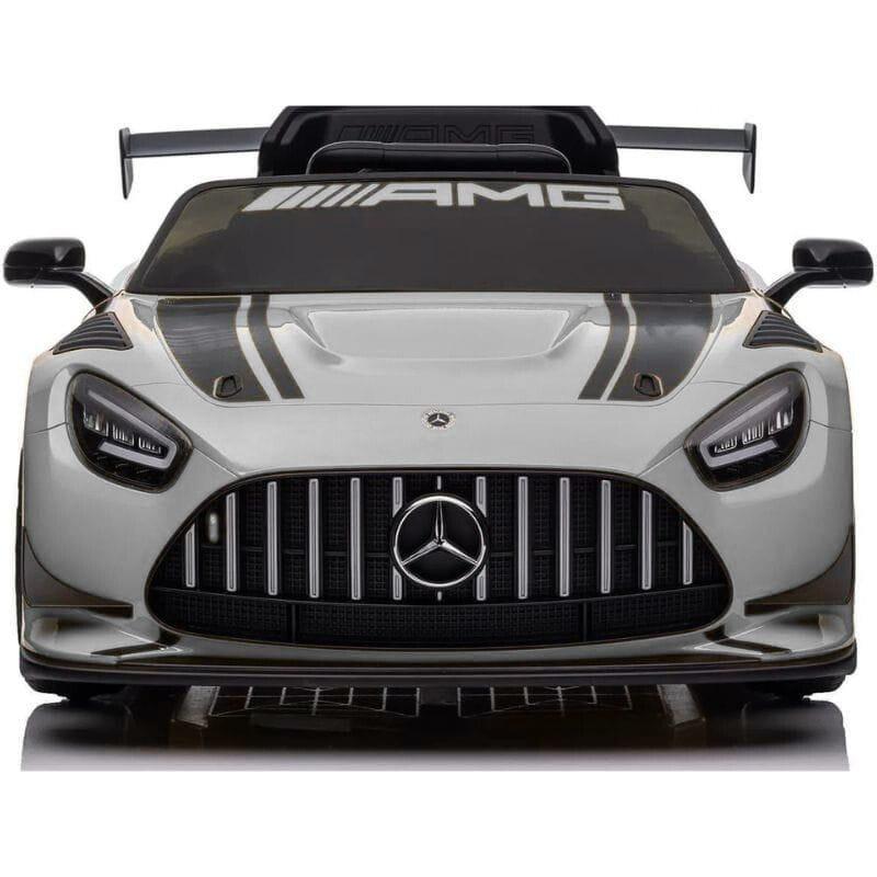 Mercedes AMG GT3 Gris coche eléctrico para niños con parrilla Panamericana, faros LED, capó con franjas negras y alerón trasero AMG aerodinámico