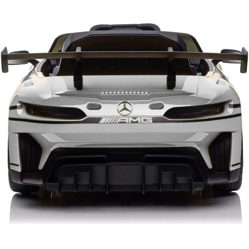 Mercedes AMG GT3 Gris para niños con alerón trasero grande, parrilla AMG, faros LED y diseño deportivo de carreras en acabado brillante