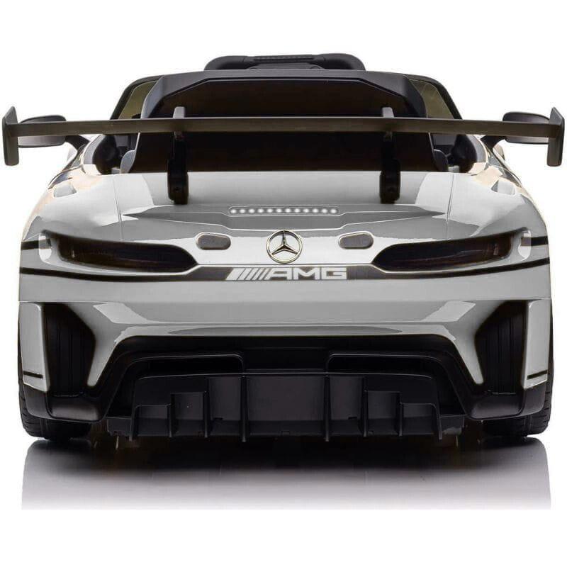 Mercedes AMG GT3 Gris para niños con alerón trasero grande, parrilla AMG, faros LED y diseño deportivo de carreras en acabado brillante