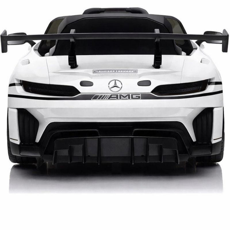 Mercedes AMG GT3 Blanco - Coche eléctrico para niños con alerón trasero grande, difusor deportivo, líneas negras, emblema Mercedes y diseño racing agresivo