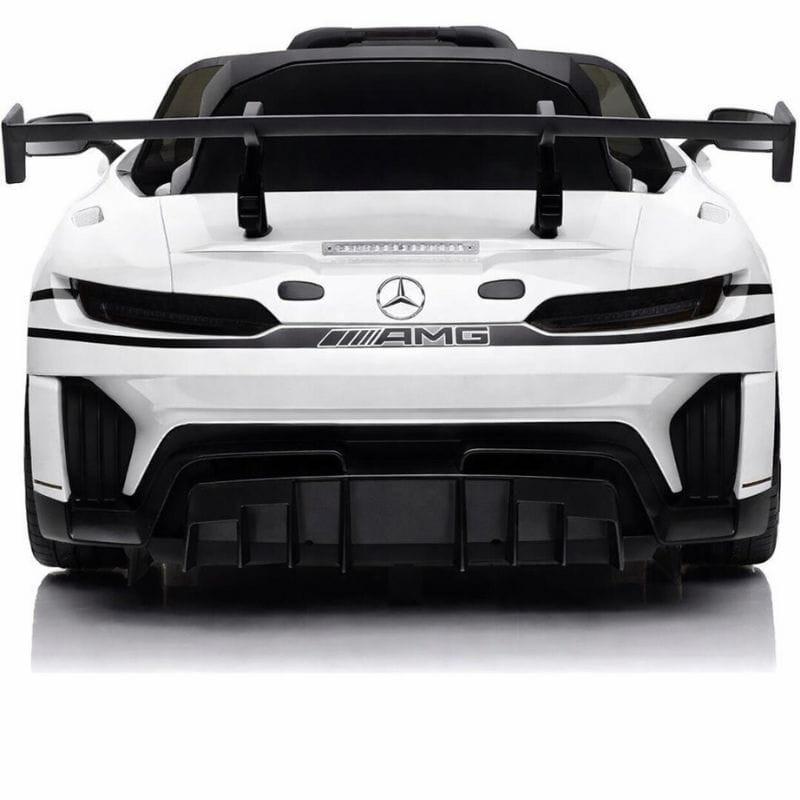 Mercedes AMG GT3 Blanco - Coche eléctrico para niños con alerón trasero grande, difusor deportivo, líneas negras, emblema Mercedes y diseño racing agresivo