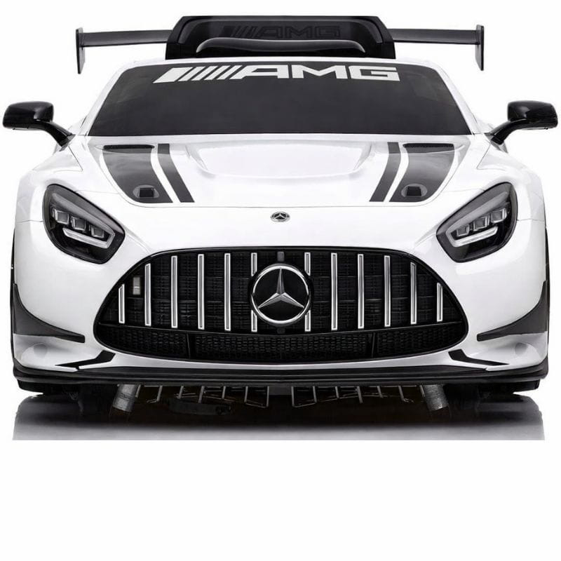 Mercedes AMG GT3 Blanco para niños, frontal deportivo con parrilla Panamericana, faros LED agresivos, vinilos de carreras, alerón trasero y detalles AMG