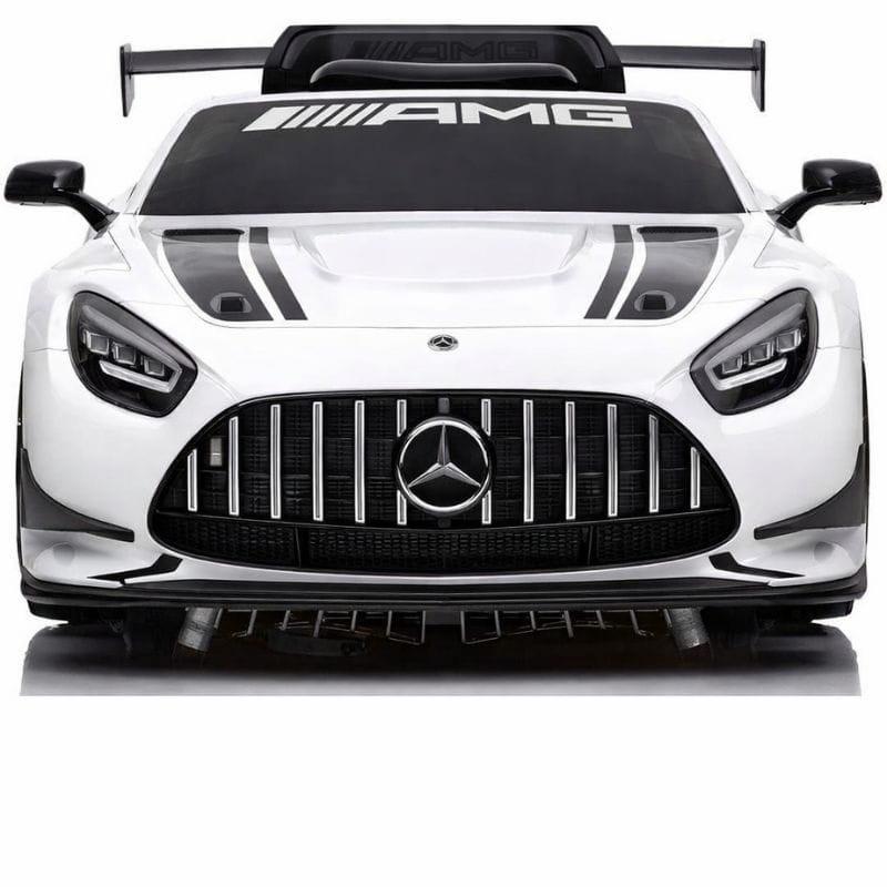 Mercedes AMG GT3 Blanco para niños, frontal deportivo con parrilla Panamericana, faros LED agresivos, vinilos de carreras, alerón trasero y detalles AMG