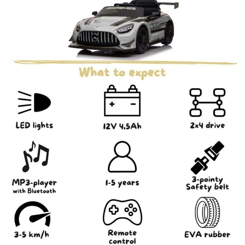 Mercedes AMG GT3 Blanco infantil con luces LED, tracción 2x4, cinturón de 3 puntos, MP3 Bluetooth, control remoto, neumáticos EVA y velocidad 3–5 km/h