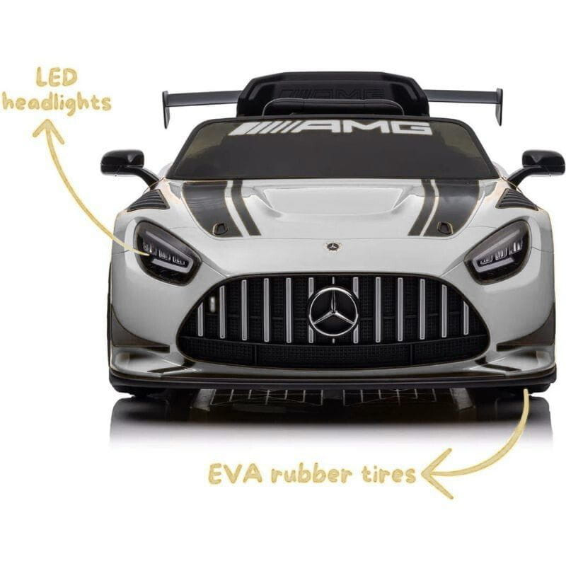 Mercedes AMG GT3 Blanco - Coche eléctrico para niños con faros LED, parrilla deportiva, alerón trasero y llantas de goma EVA para mayor agarre