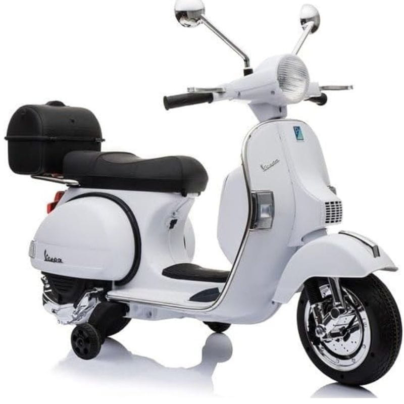 Vespa PX150 12V Blanco para niños con estilo clásico, baúl trasero, rueditas auxiliares, faro frontal, asiento acolchado y acabados cromados