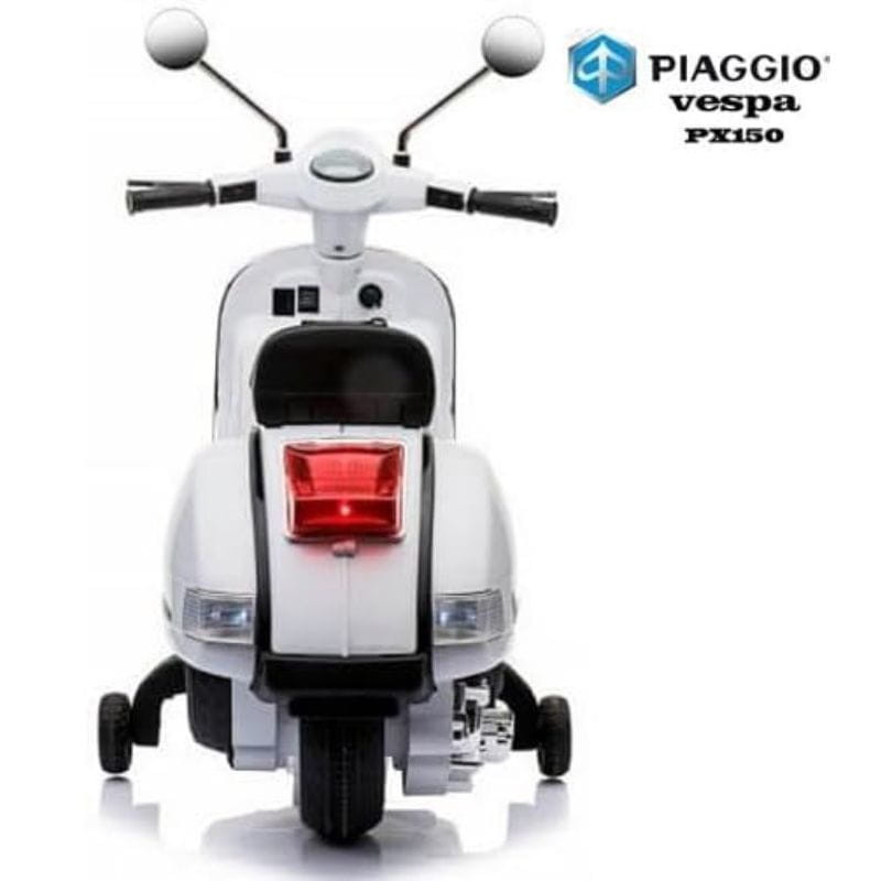 Vespa PX150 12V blanca para niños, vista frontal: faro redondo, manillar con espejos, ruedas de apoyo laterales, luz trasera roja, detalles realistas Piaggio