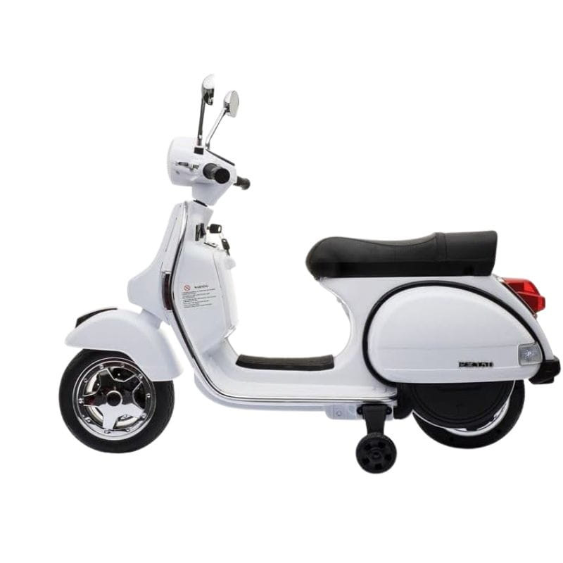 Vespa PX150 12V blanco para niños con diseño clásico, asiento negro, ruedas cromadas, espejos dobles y ruedas entrenadoras para estabilidad