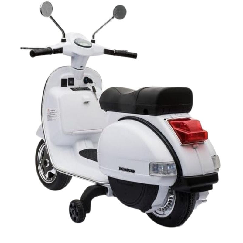 Vespa PX150 12V blanco para niños, estilo clásico, carenado liso, asiento negro, espejos cromados, luces traseras rojas y ruedas de apoyo desmontables