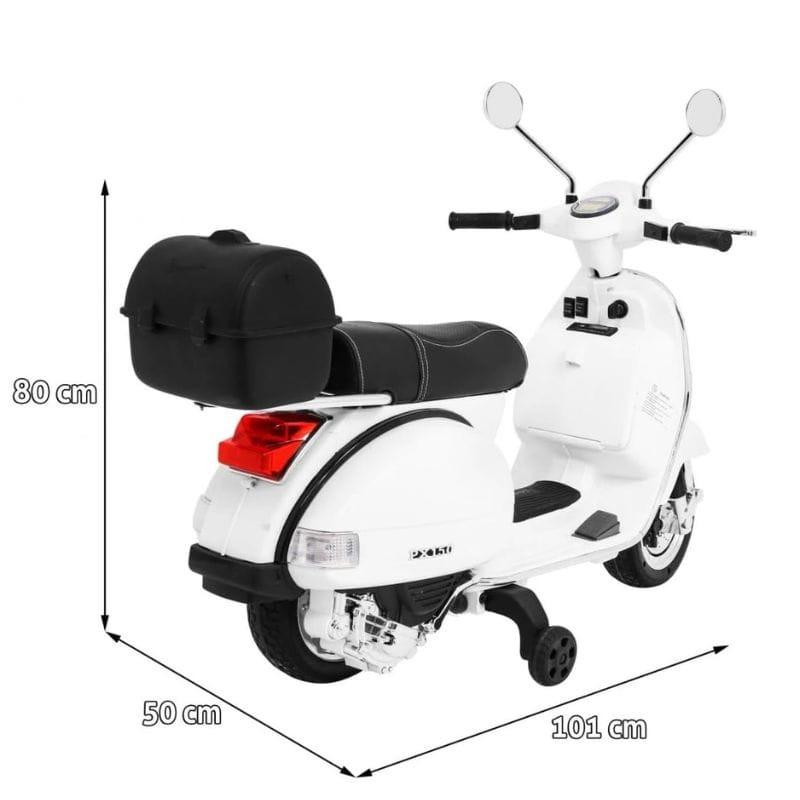 Vespa PX150 12V Rosa para crianças, com rodas de apoio, baú traseiro, assento acolchoado, pedais largos e dimensões 101x50x80 cm