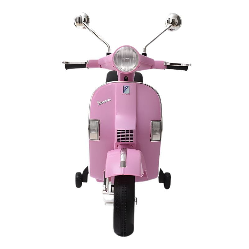Vespa PX150 12V Rose pour enfants, avant iconique rose, guidon chromé avec rétroviseurs ronds, phare central, petites roues d’appui pour stabilité